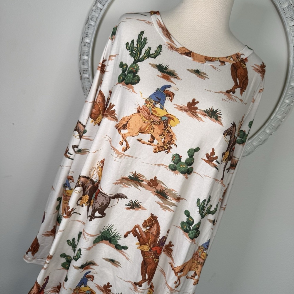 Emery Rose Womens 2XL Top T Shirt Long Sleeve Cowboy Print Western Stretch Tee